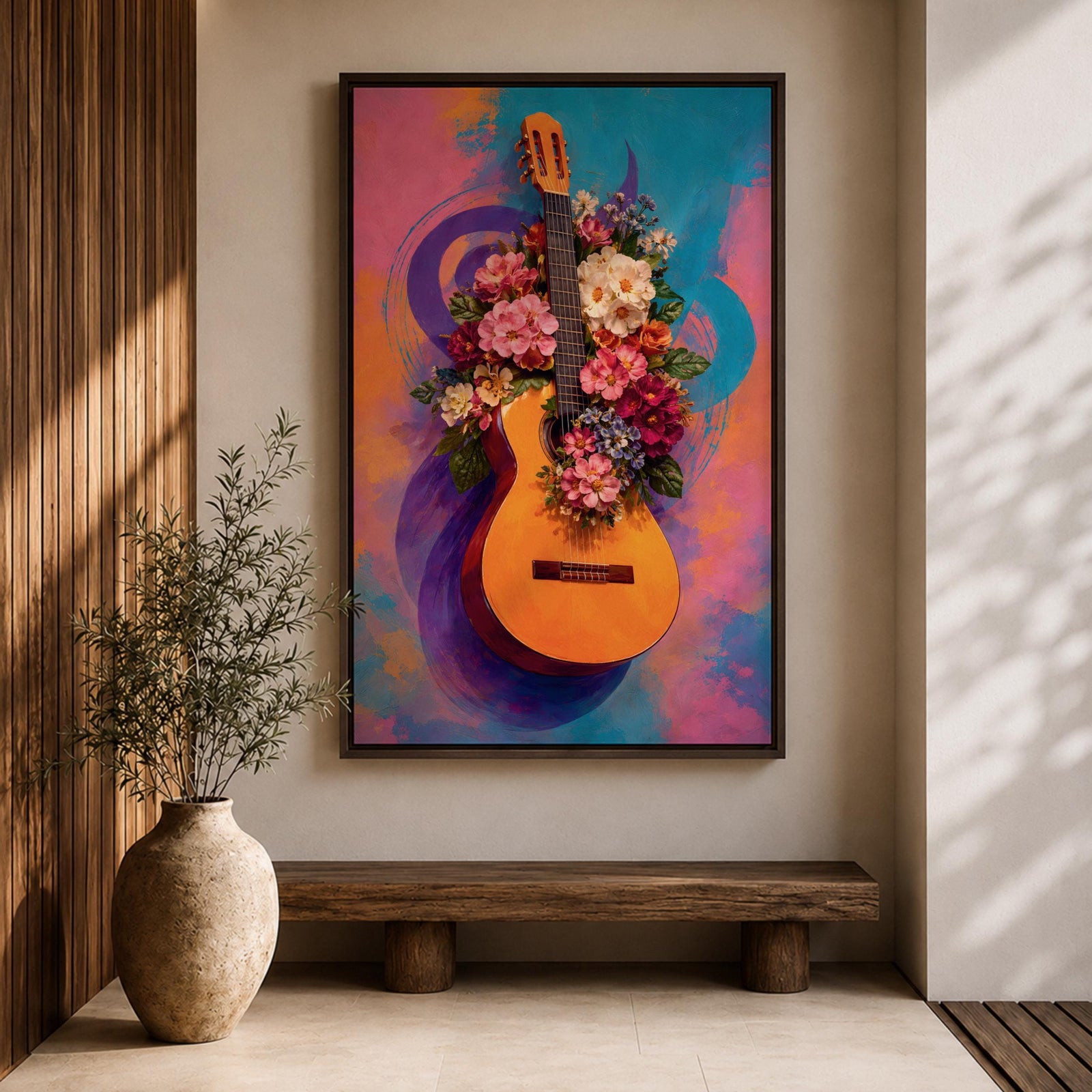 Guitar Wall Art Floral Harmony Framed Canvas Acoustic Spanish Music Garden Blooms Boho Decor