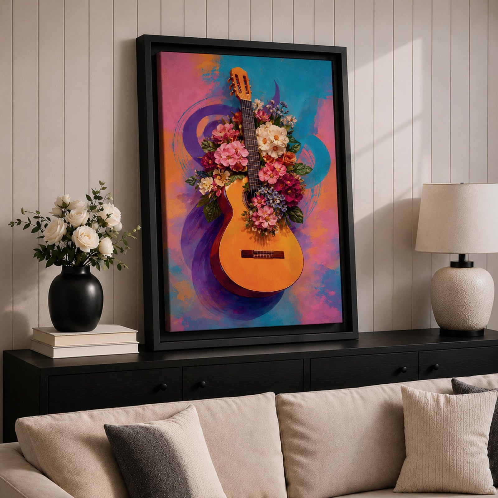 Guitar Wall Art Floral Harmony Framed Canvas Acoustic Spanish Music Garden Blooms Boho Decor
