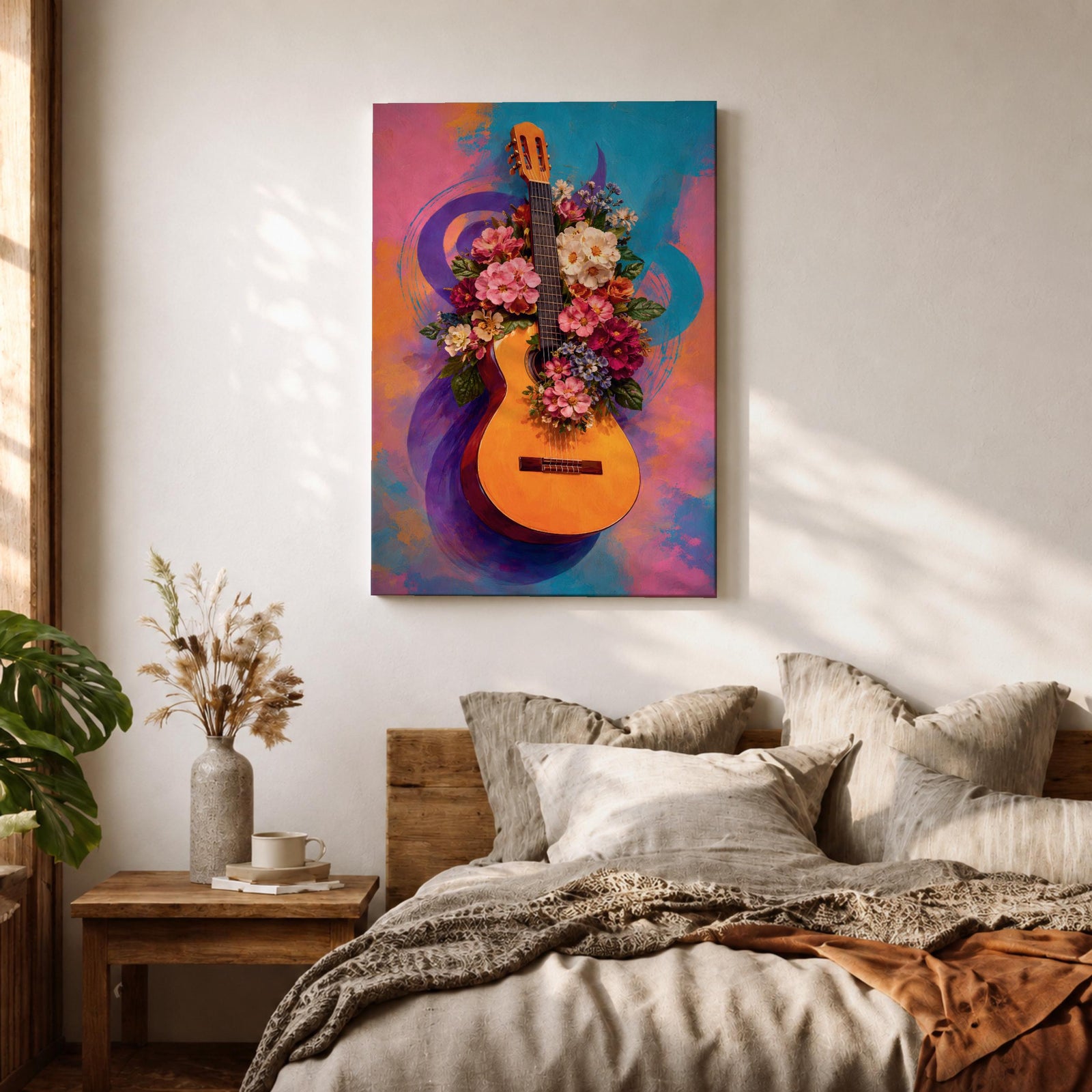 Guitar Wall Art Floral Harmony Framed Canvas Acoustic Spanish Music Garden Blooms Boho Decor