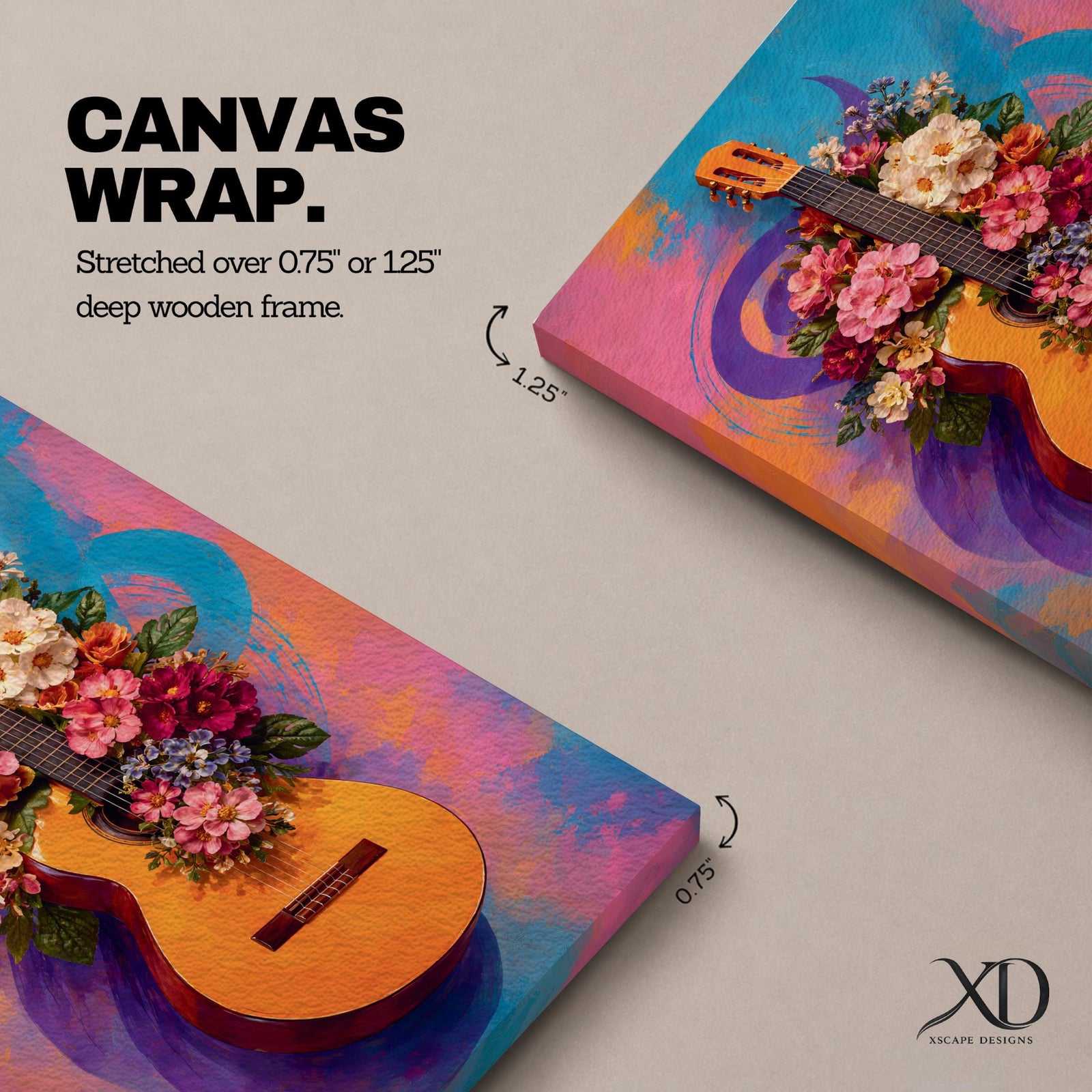 Guitar Wall Art Floral Harmony Framed Canvas Acoustic Spanish Music Garden Blooms Boho Decor