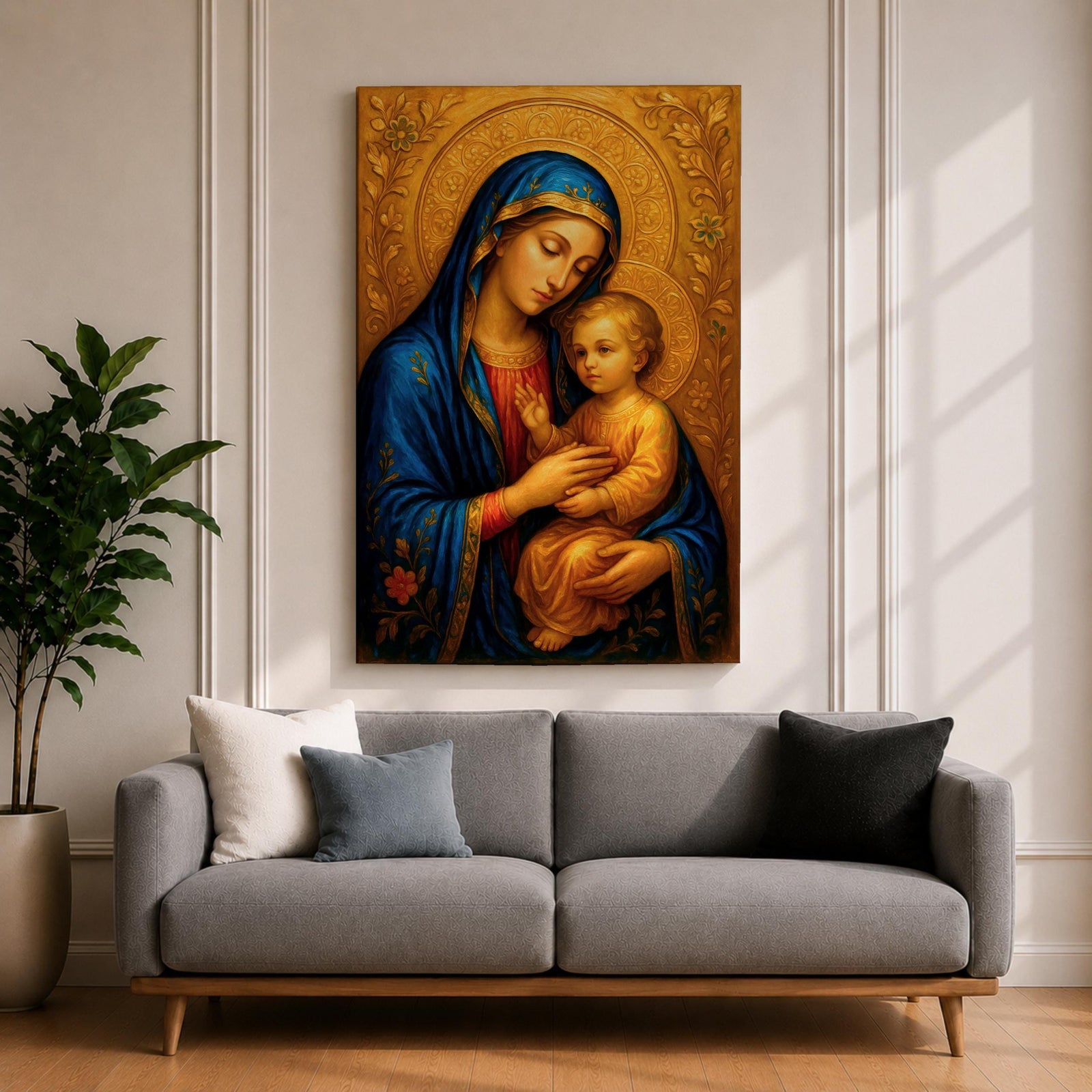 Virgin Mary and Child Wall Art Madonna Framed Canvas Catholic Sacred Marian Home Decor