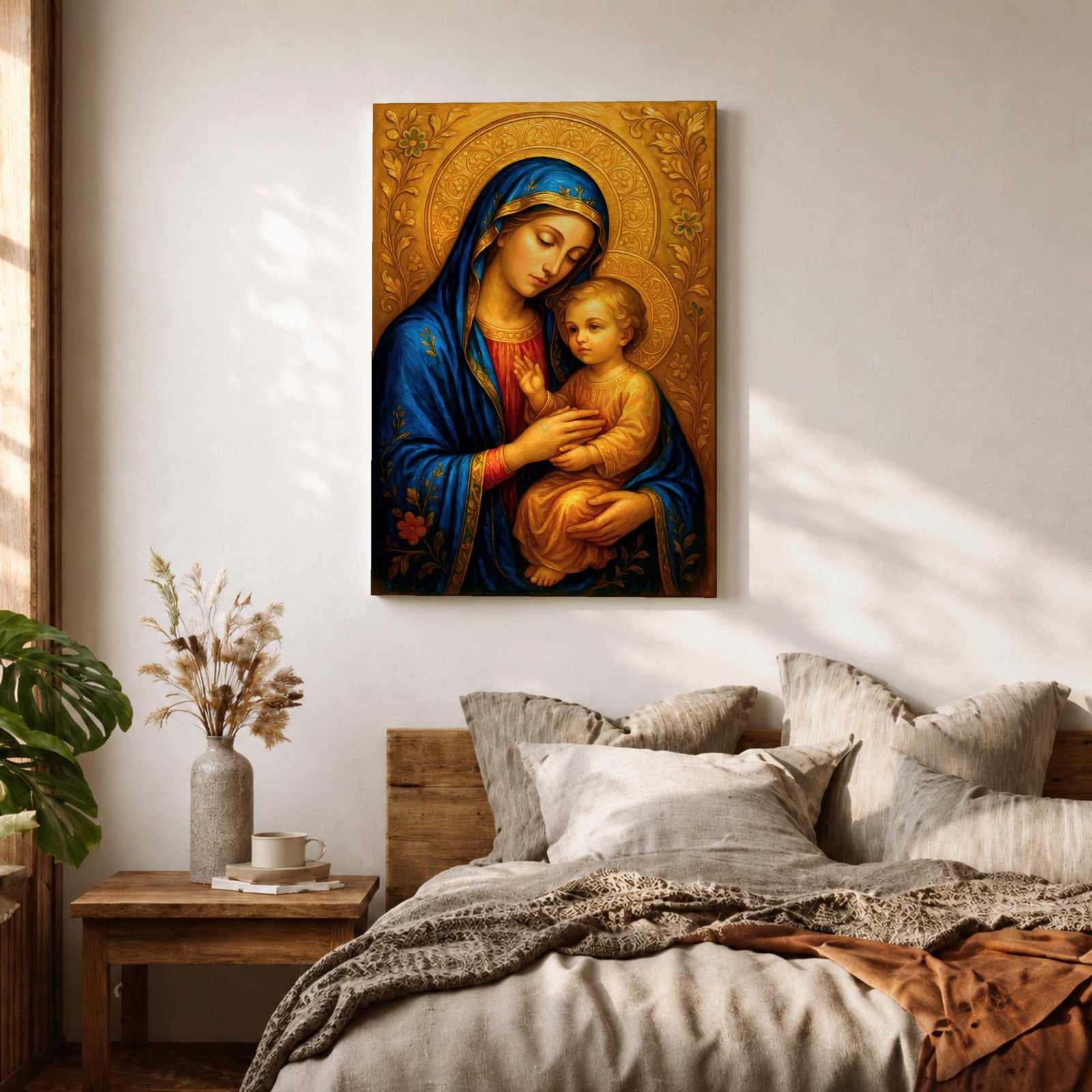 Virgin Mary and Child Wall Art Madonna Framed Canvas Catholic Sacred Marian Home Decor