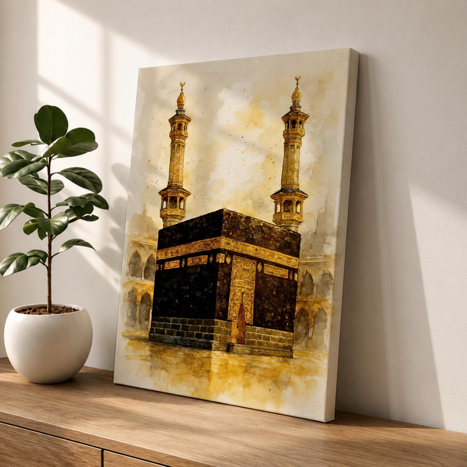 Kaaba Wall Art Mecca Minarets Framed Canvas Masjid Al Haram Watercolor Vintage Islamic Decor