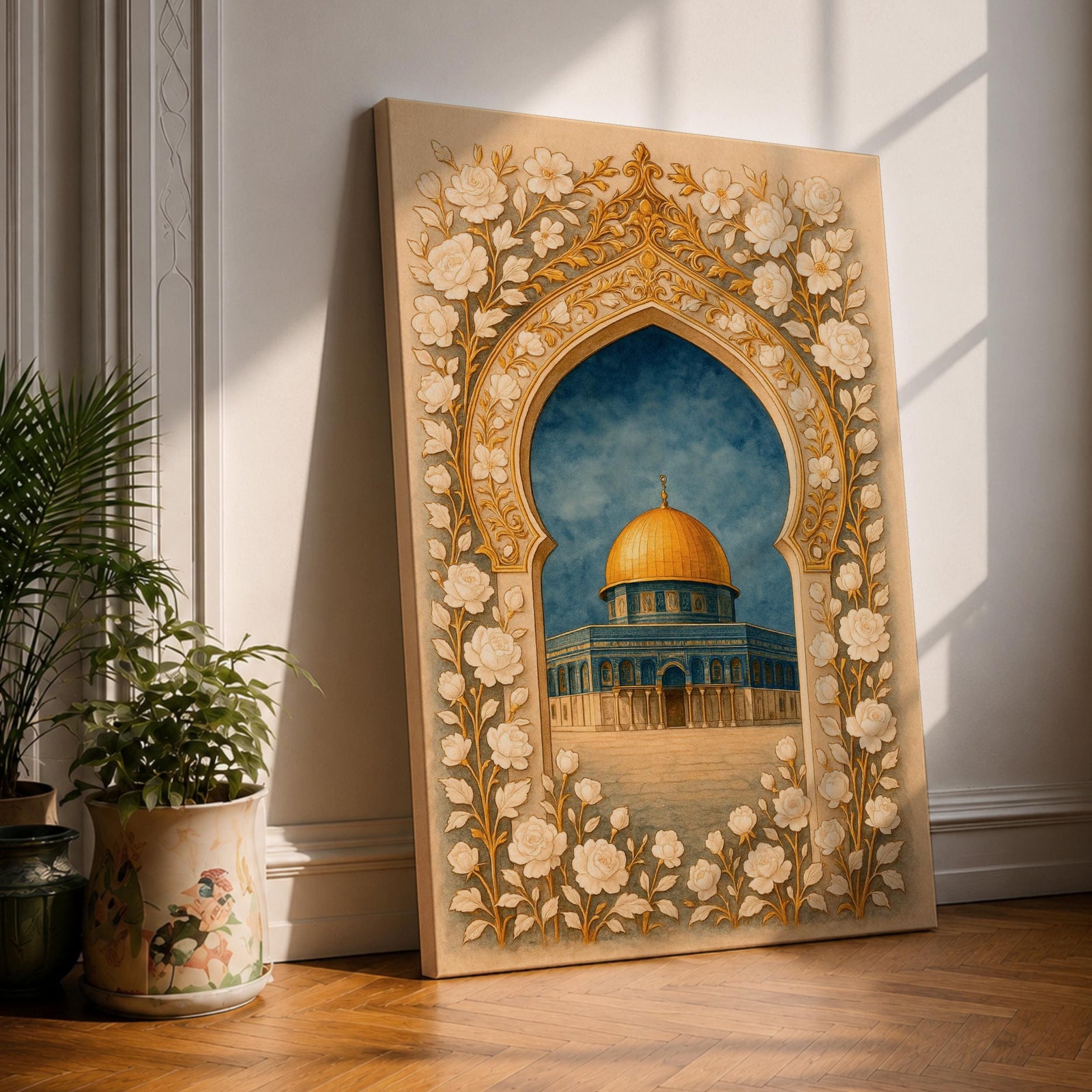 Dome of the Rock Wall Art Floral Arch Framed Canvas Qubbat Sakhrah Islamic Decor