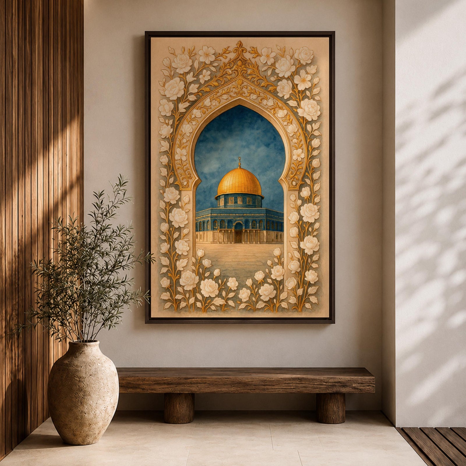 Dome of the Rock Wall Art Floral Arch Framed Canvas Qubbat Sakhrah Islamic Decor