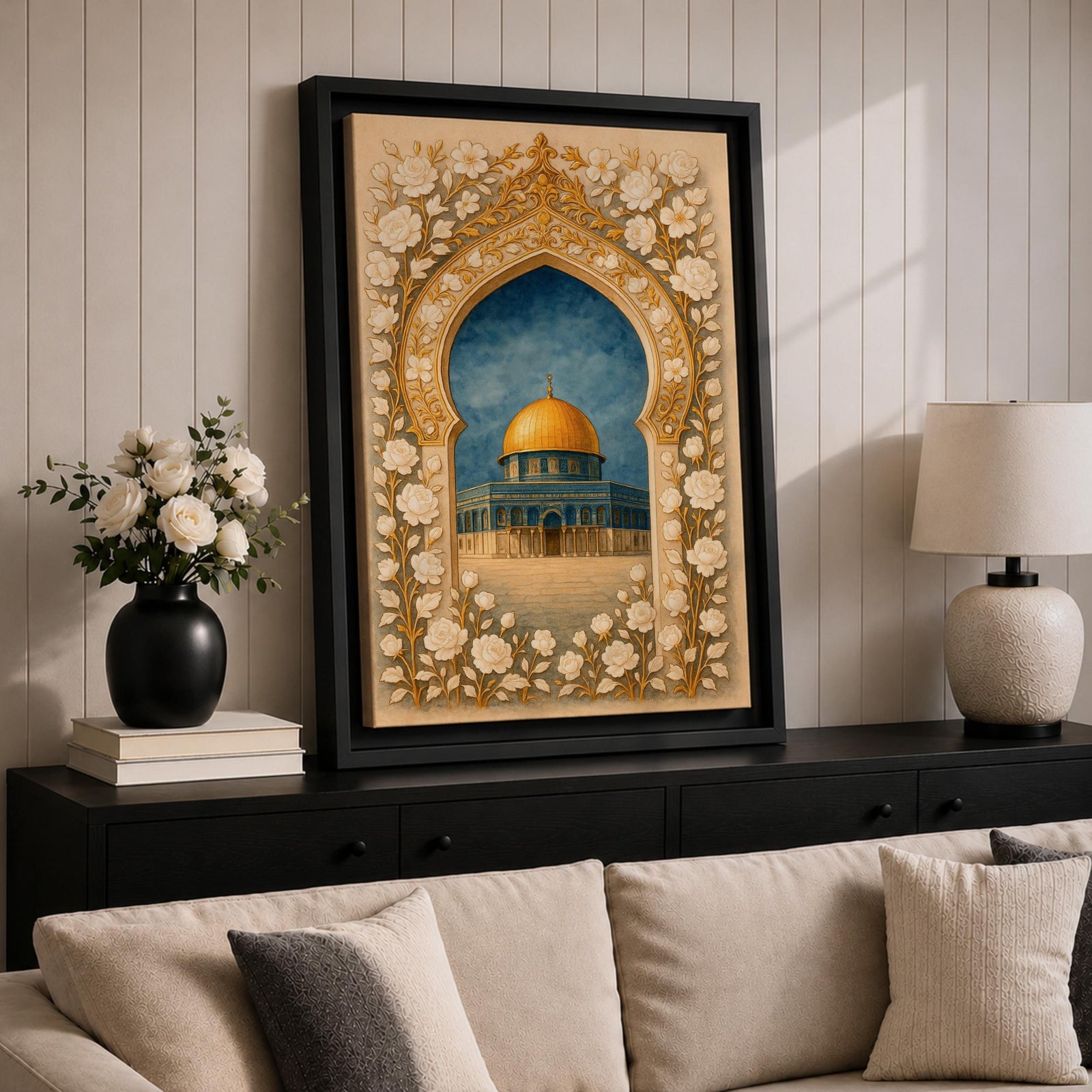 Dome of the Rock Wall Art Floral Arch Framed Canvas Qubbat Sakhrah Islamic Decor
