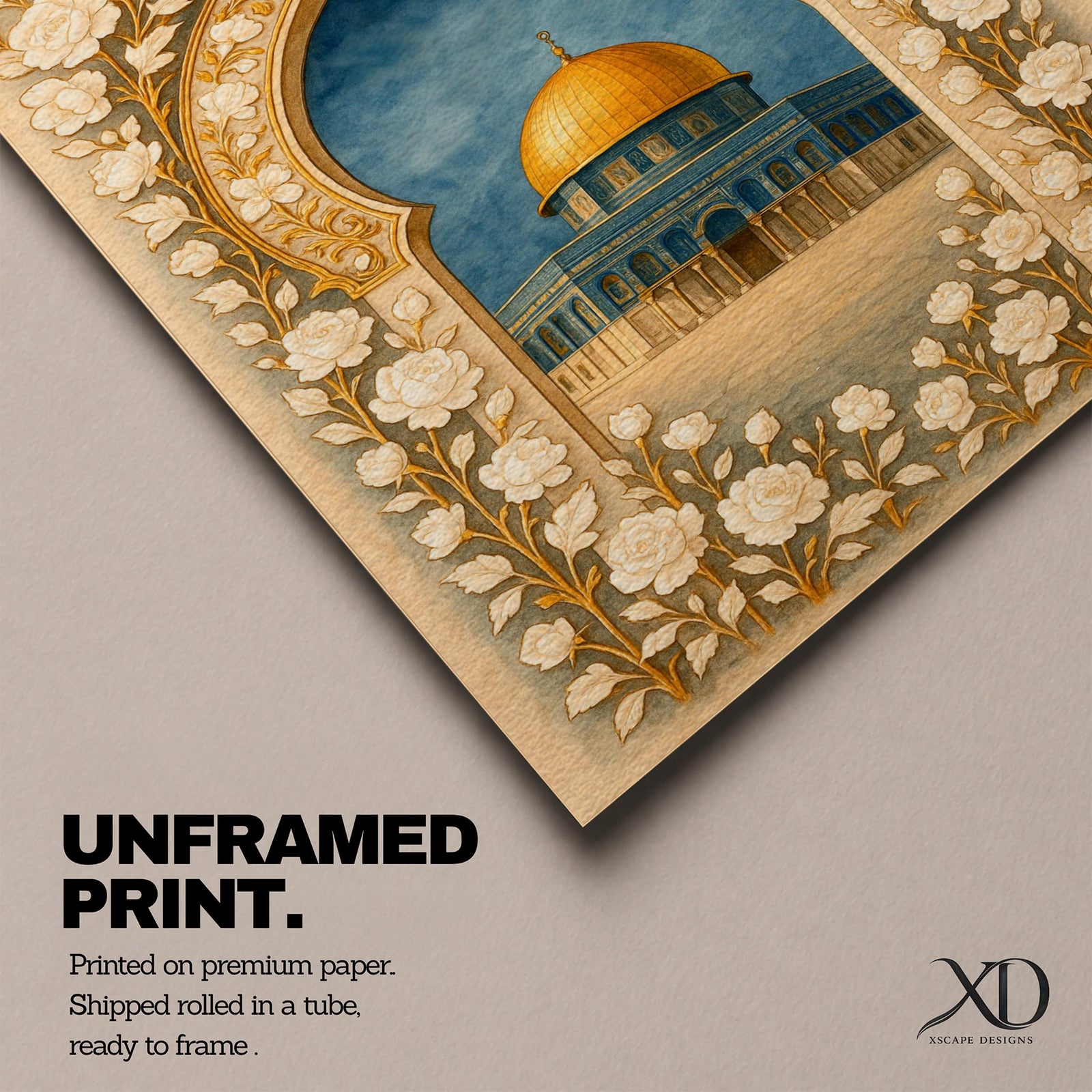 Dome of the Rock Wall Art Floral Arch Framed Canvas Qubbat Sakhrah Islamic Decor