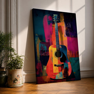 Abstract Guitar Wall Art Colorful Acoustic Framed Canvas Modern Music Painting Vibrant Decor