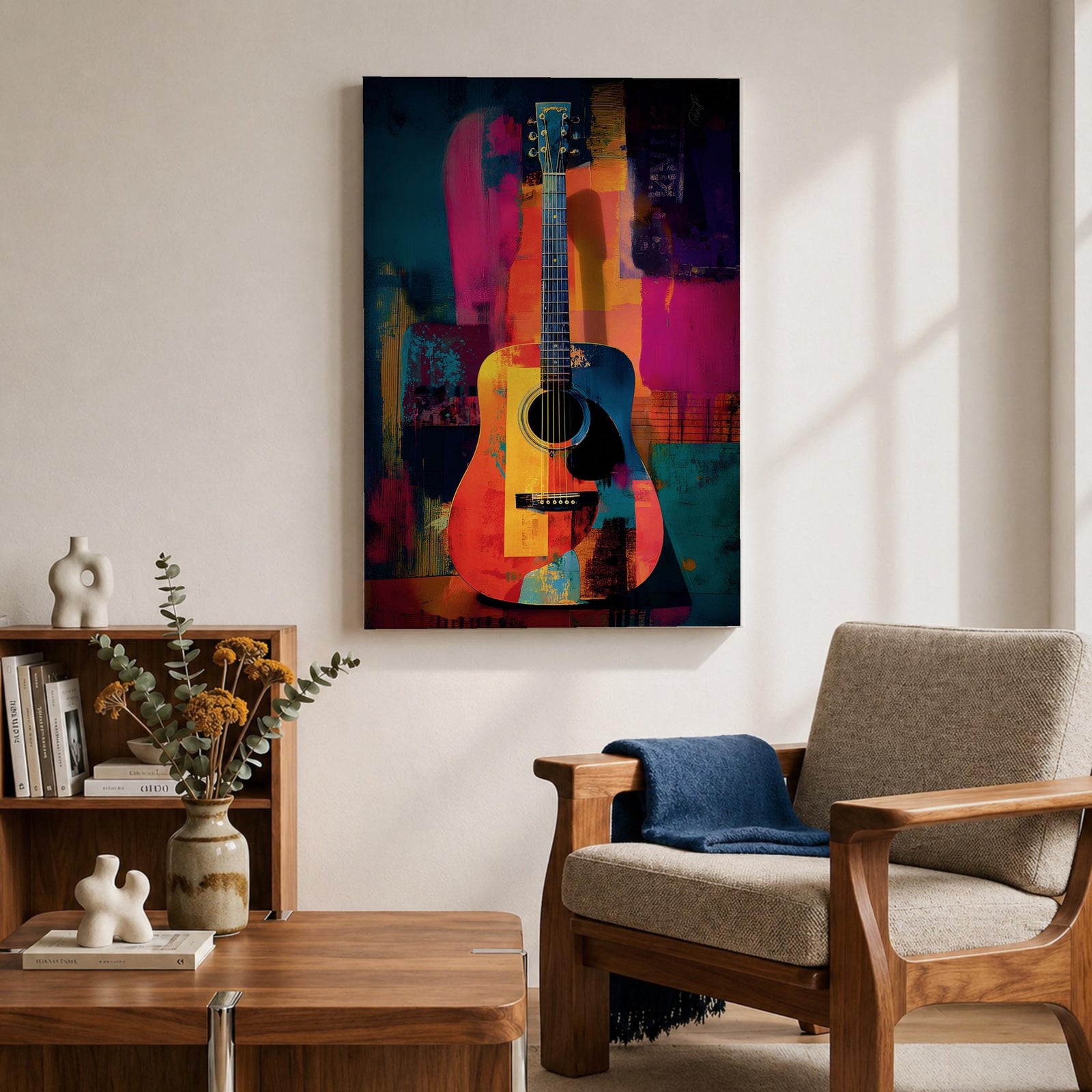 Abstract Guitar Wall Art Colorful Acoustic Framed Canvas Modern Music Painting Vibrant Decor