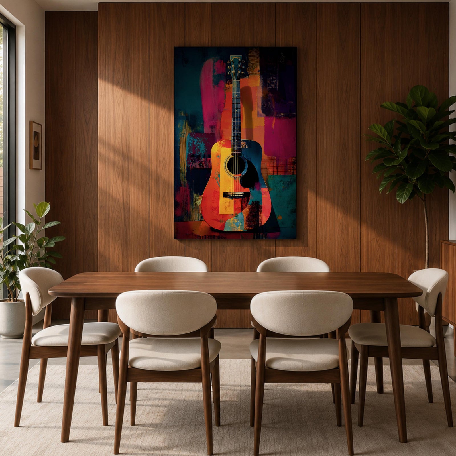 Abstract Guitar Wall Art Colorful Acoustic Framed Canvas Modern Music Painting Vibrant Decor