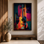Abstract Guitar Wall Art Colorful Acoustic Framed Canvas Modern Music Painting Vibrant Decor