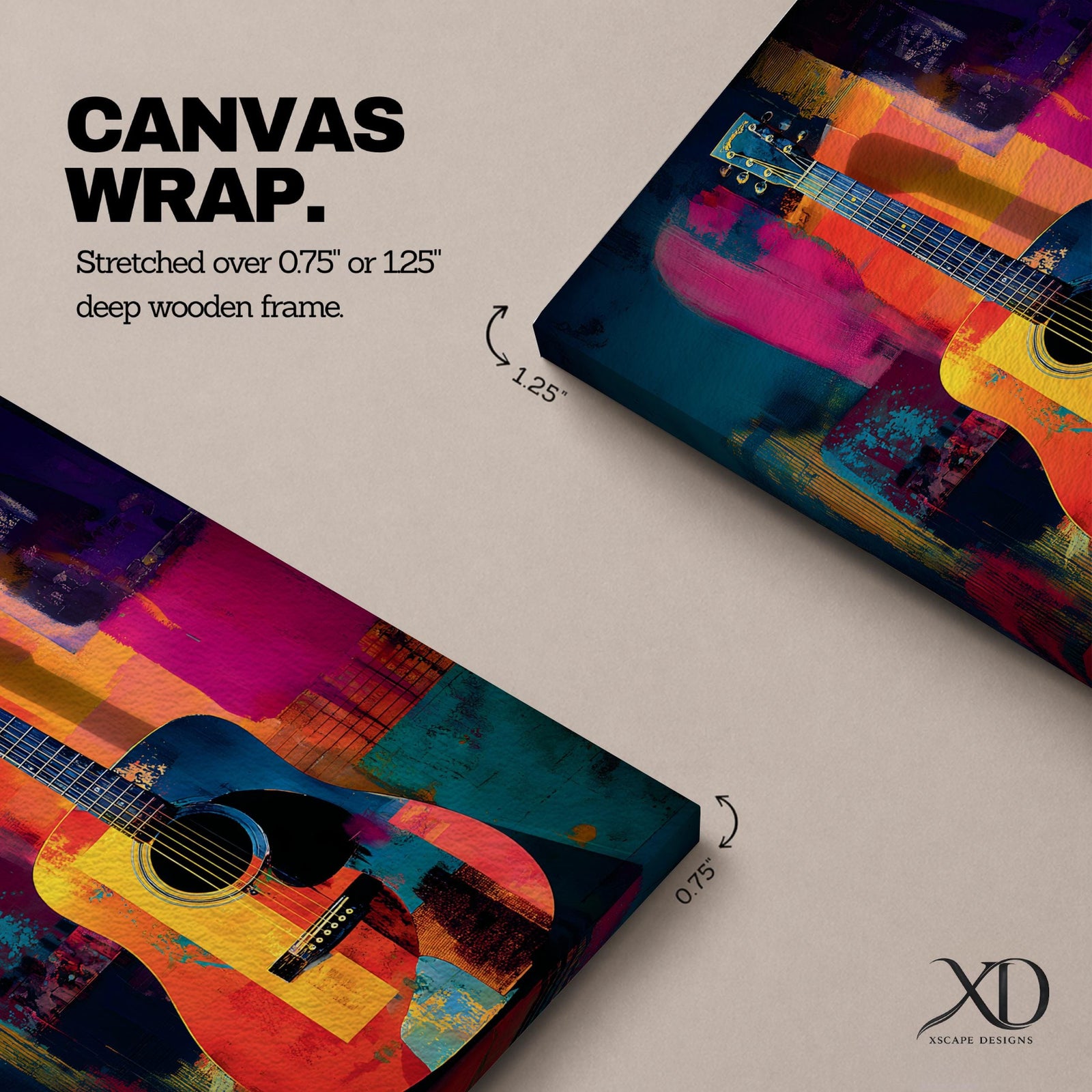 Abstract Guitar Wall Art Colorful Acoustic Framed Canvas Modern Music Painting Vibrant Decor