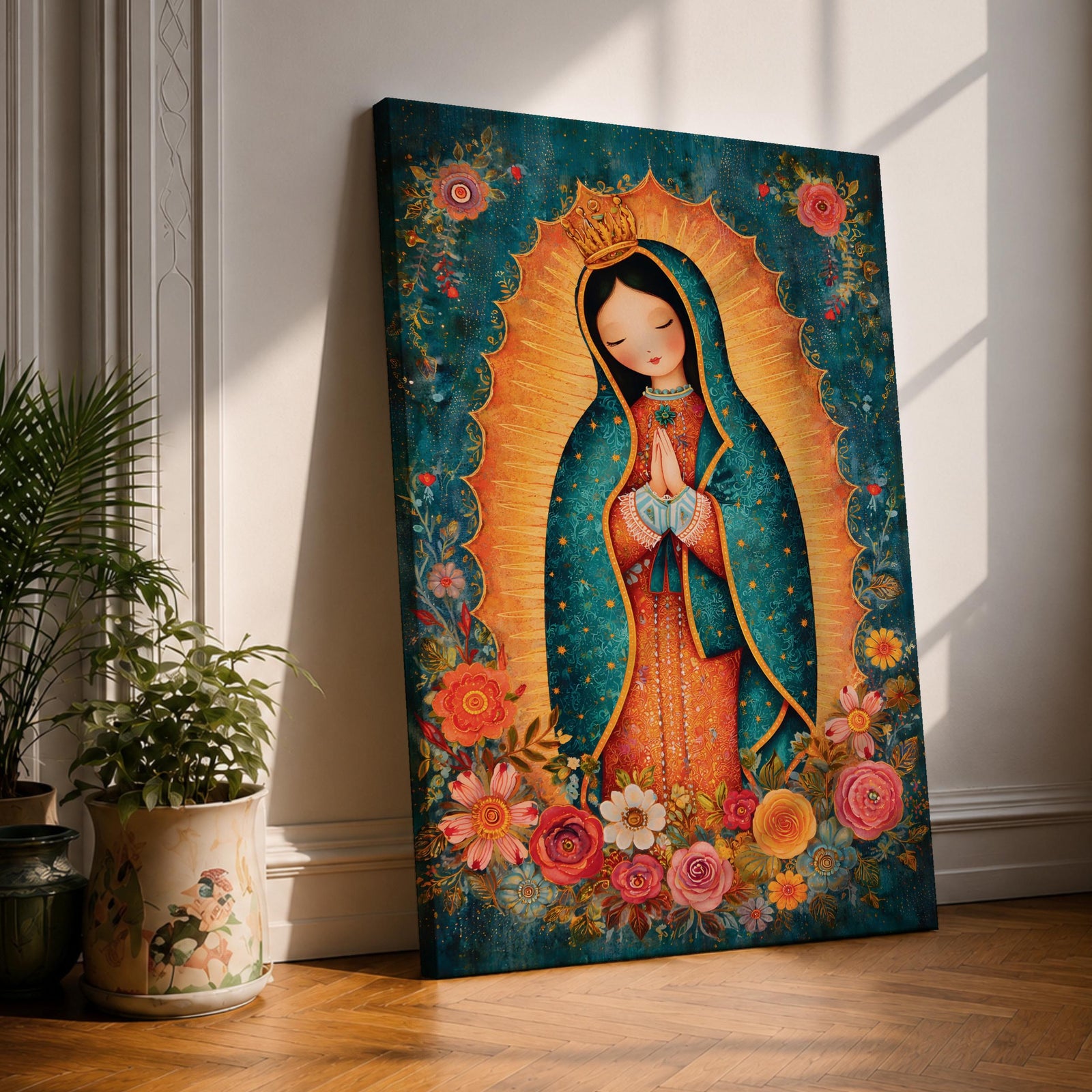 Our Lady Guadalupe Wall Art La Morenita Framed Canvas Floral Virgencita Catholic Boho Decor