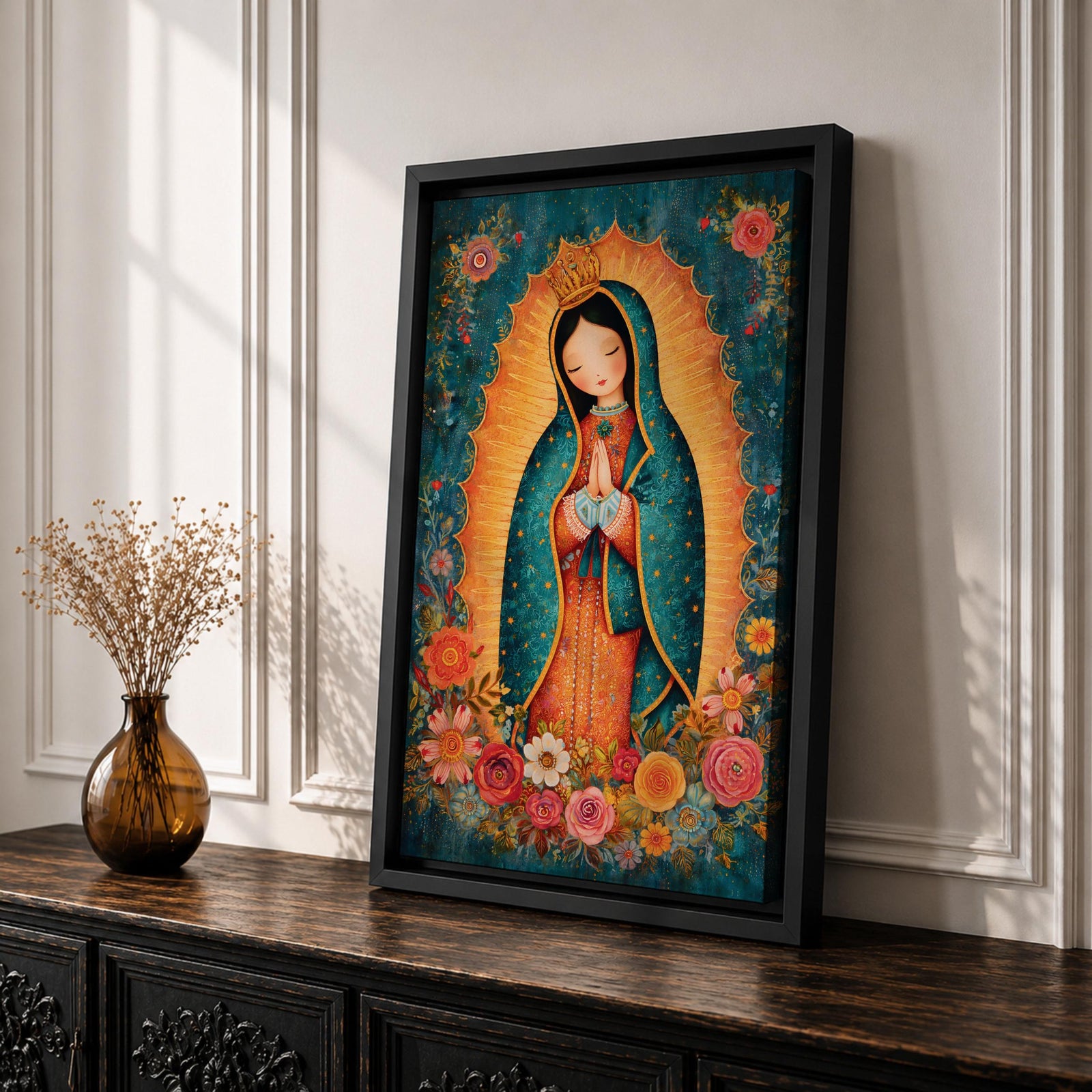 Our Lady Guadalupe Wall Art La Morenita Framed Canvas Floral Virgencita Catholic Boho Decor