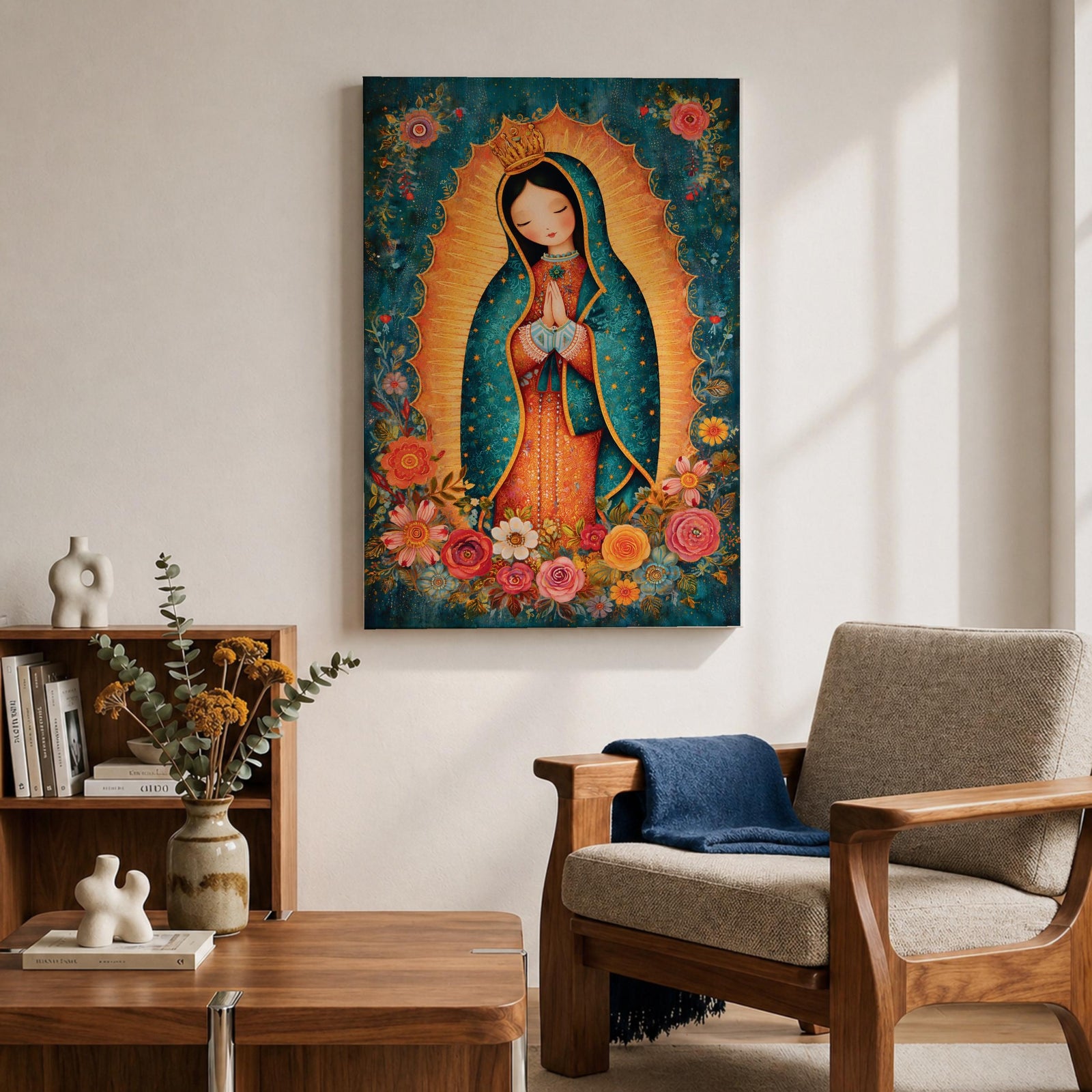 Our Lady Guadalupe Wall Art La Morenita Framed Canvas Floral Virgencita Catholic Boho Decor