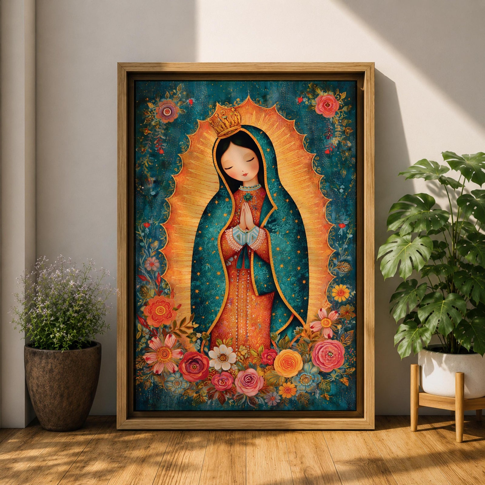 Our Lady Guadalupe Wall Art La Morenita Framed Canvas Floral Virgencita Catholic Boho Decor