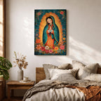 Our Lady Guadalupe Wall Art La Morenita Framed Canvas Floral Virgencita Catholic Boho Decor