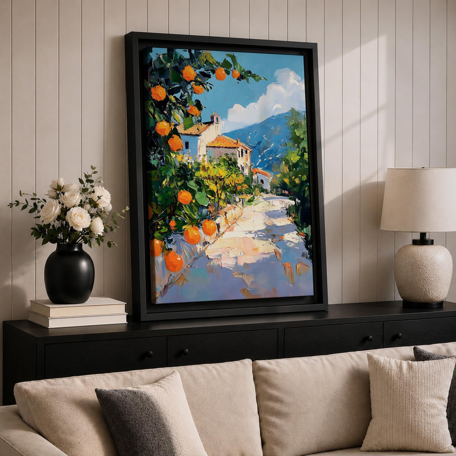 Mediterranean Landscape Wall Art Italian Coastal Scene Framed Canvas Landscape Rustic Home Decor