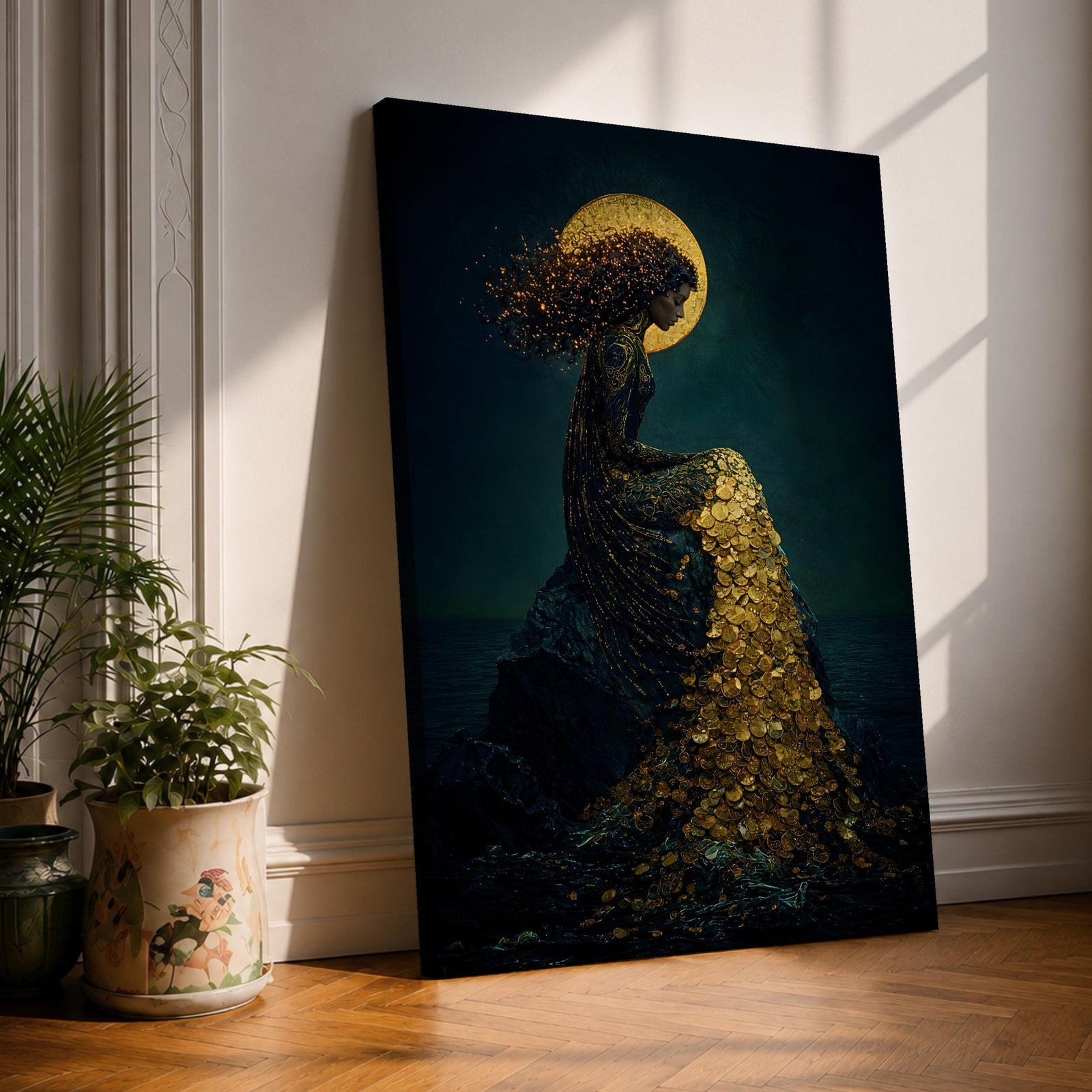 Mermaid Wall Art Moonlight Siren Framed Canvas Ocean Underwater Fantasy Blue Coastal Mythical Decor