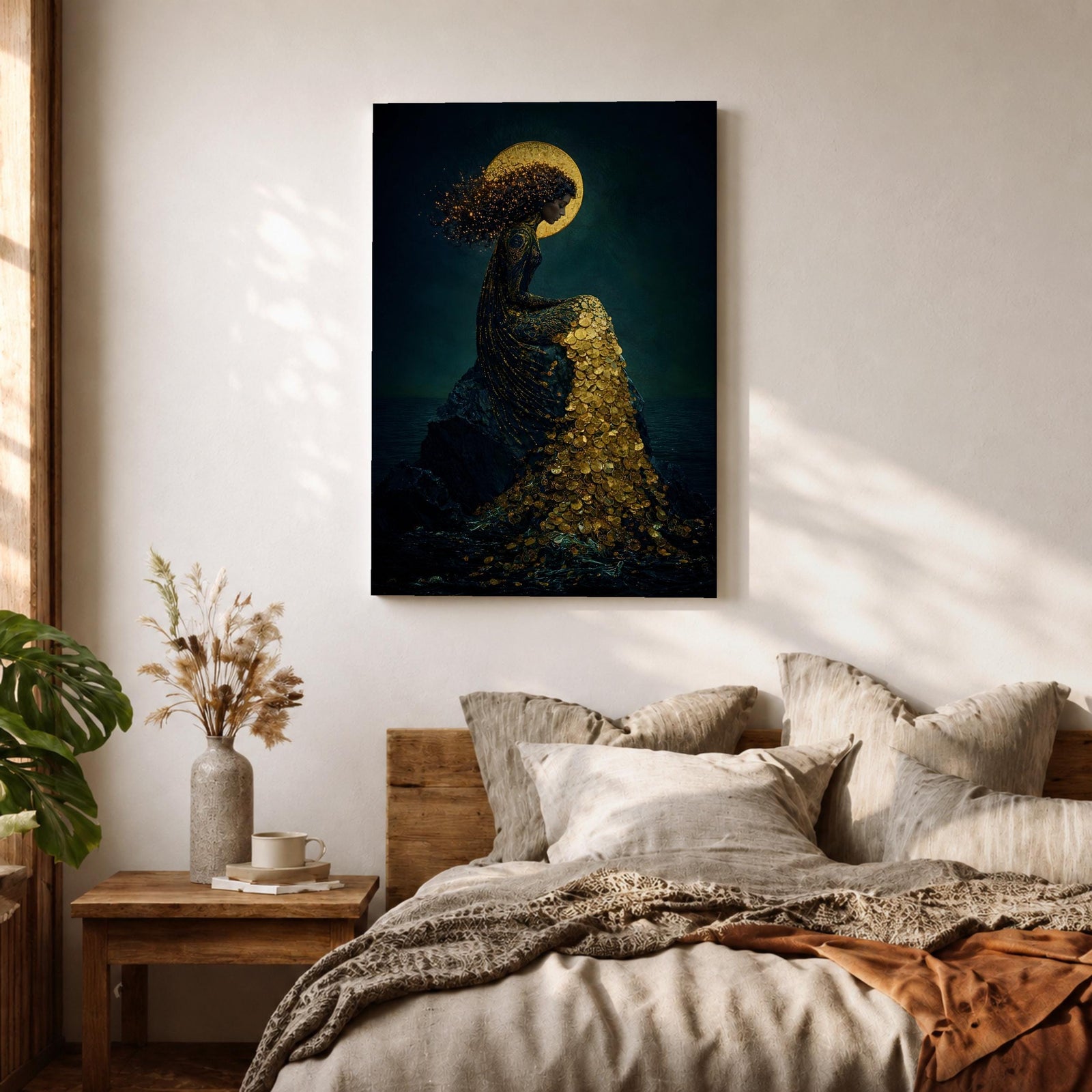 Mermaid Wall Art Moonlight Siren Framed Canvas Ocean Underwater Fantasy Blue Coastal Mythical Decor