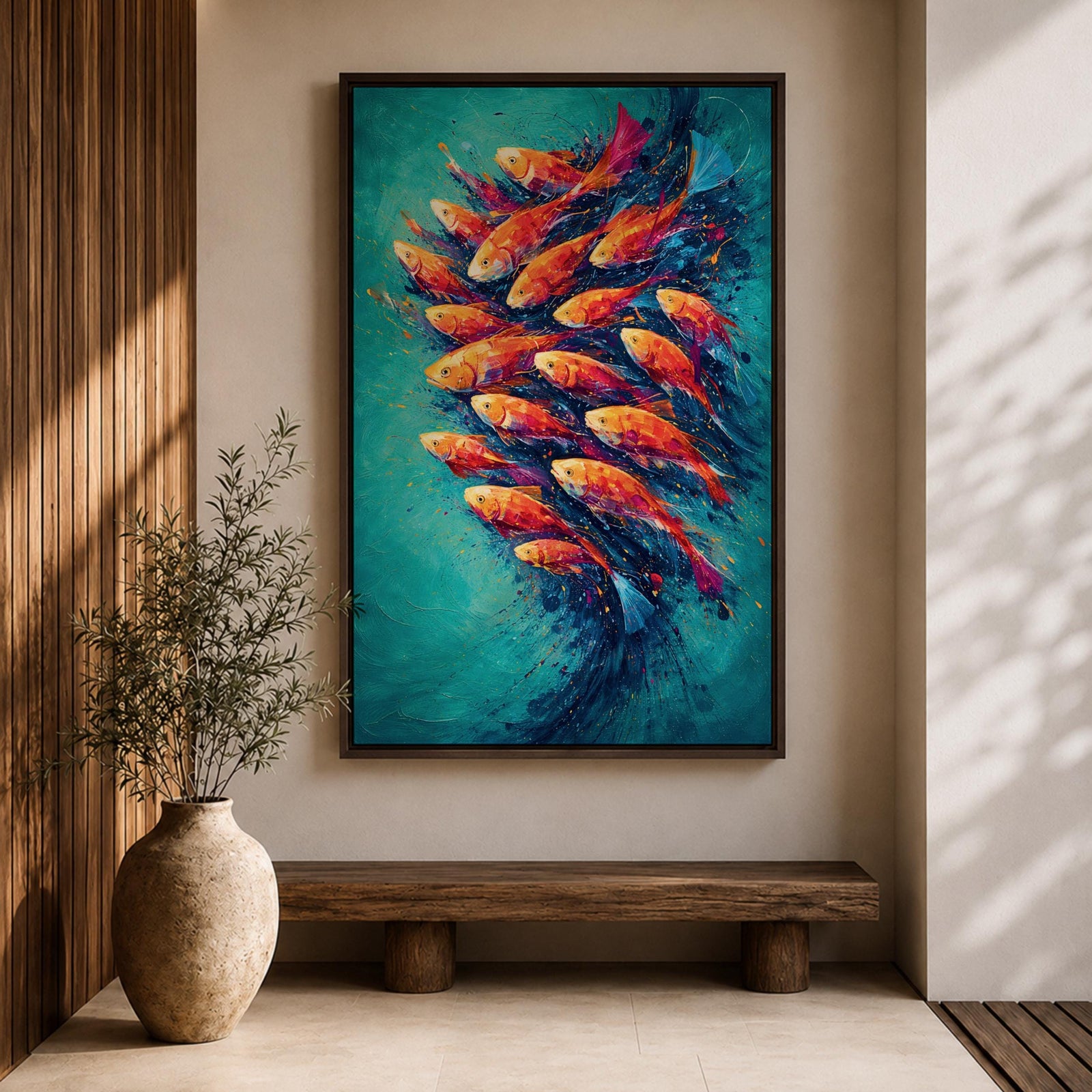 School of Fish Wall Art Swirling Motion Framed Canvas Koi Abstract Aquatic Underwater Decor