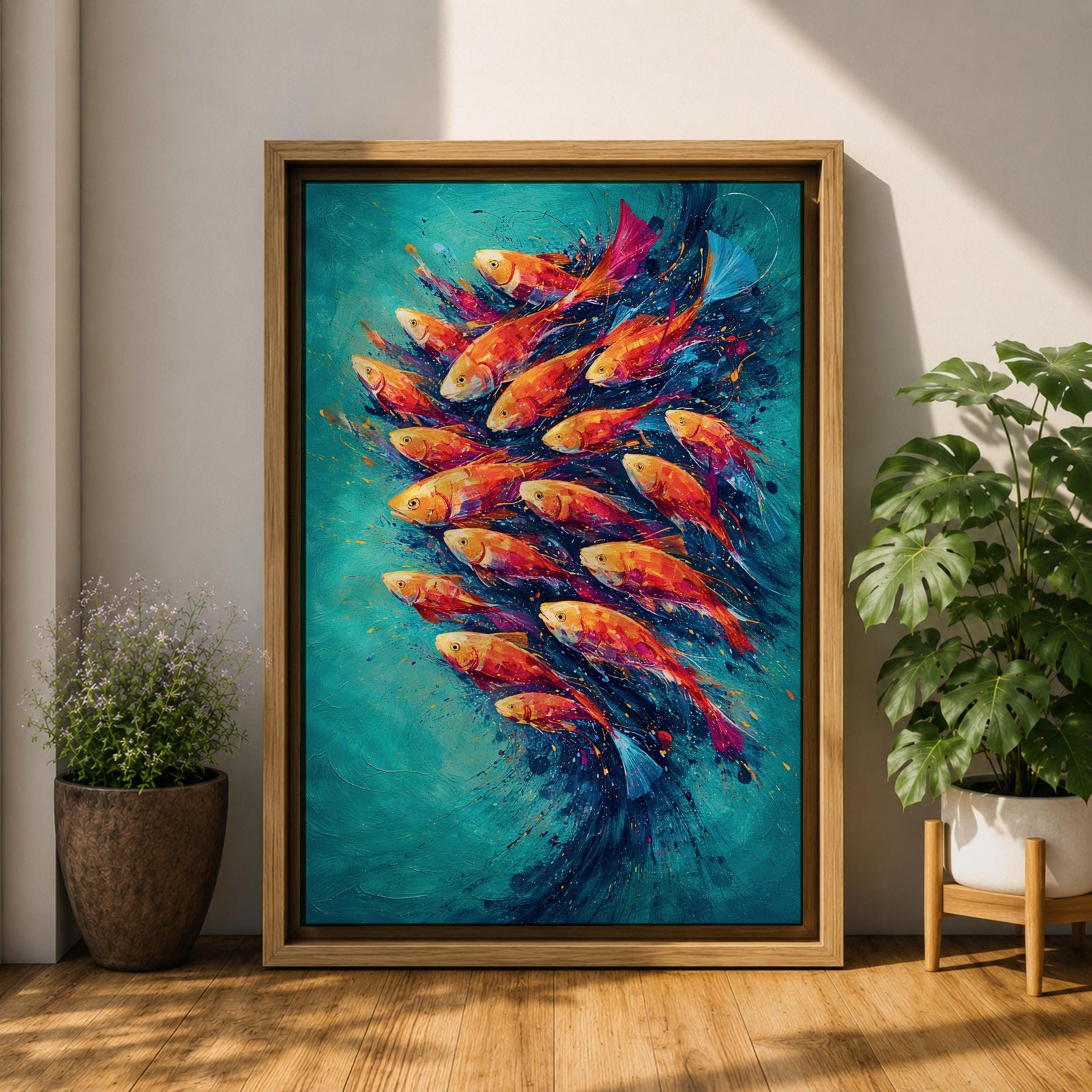 School of Fish Wall Art Swirling Motion Framed Canvas Koi Abstract Aquatic Underwater Decor