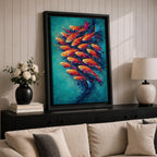 School of Fish Wall Art Swirling Motion Framed Canvas Koi Abstract Aquatic Underwater Decor