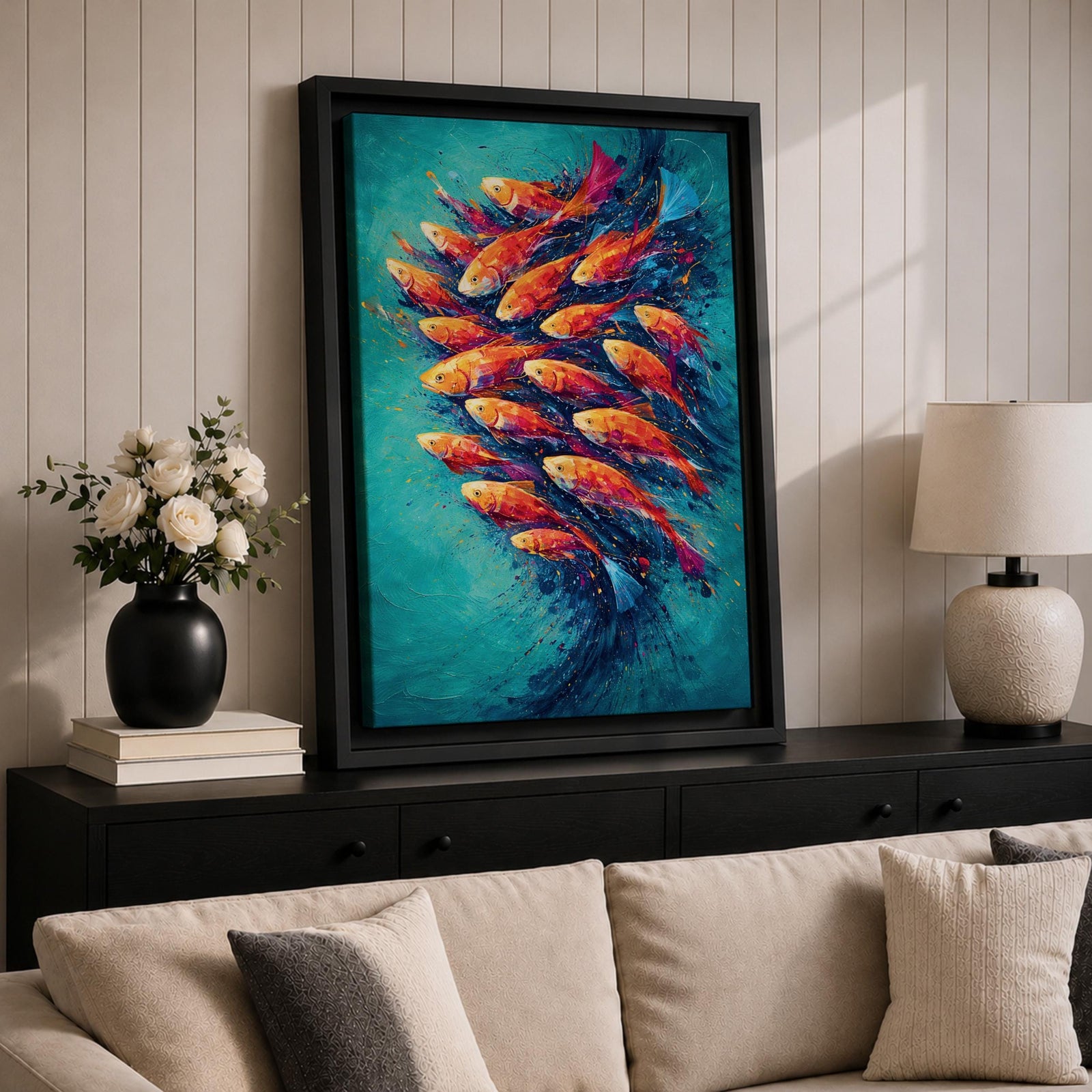 School of Fish Wall Art Swirling Motion Framed Canvas Koi Abstract Aquatic Underwater Decor