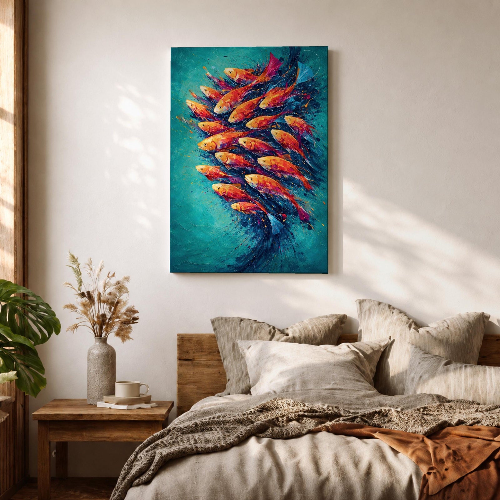 School of Fish Wall Art Swirling Motion Framed Canvas Koi Abstract Aquatic Underwater Decor