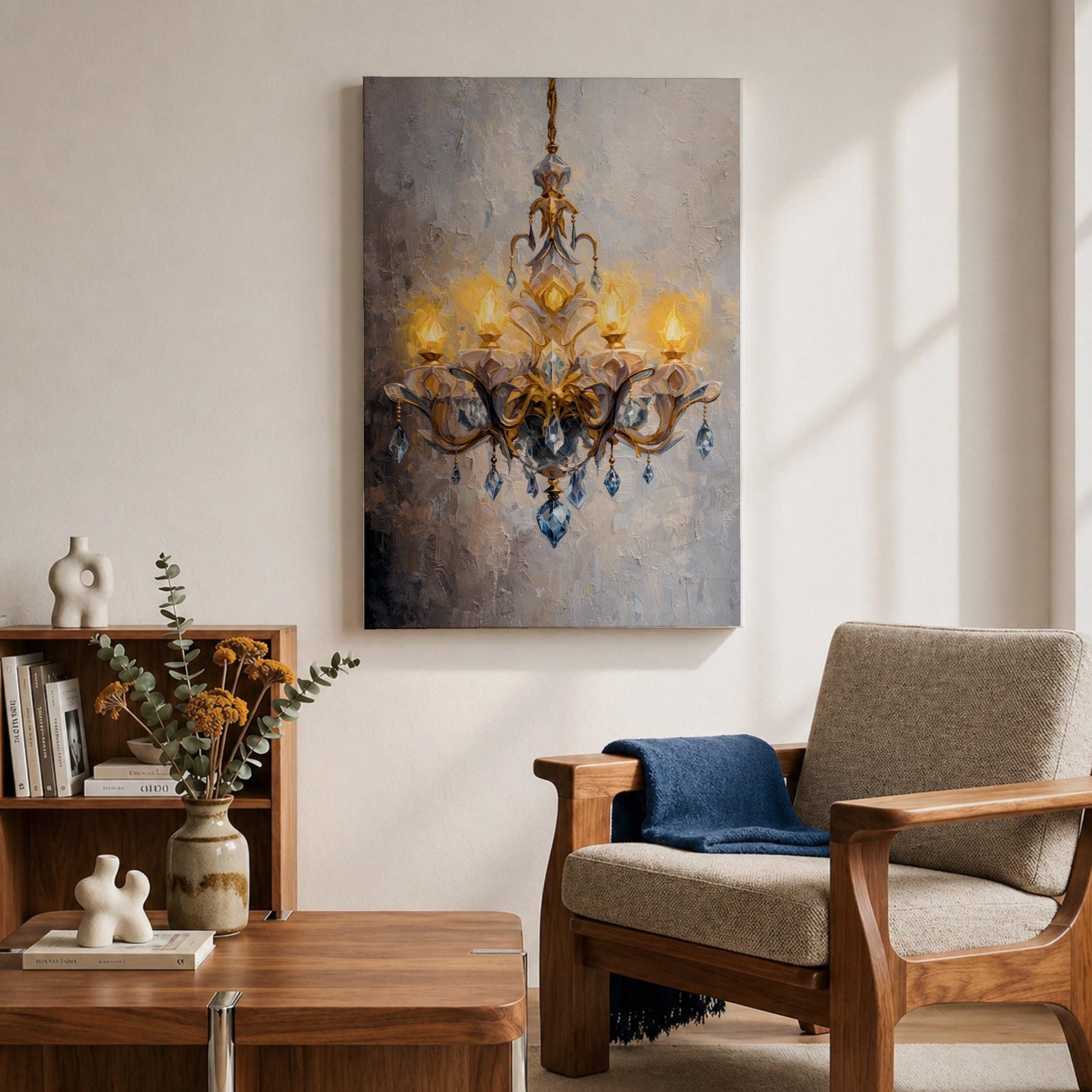 Chandelier Wall Art Crystal Lighting Framed Canvas Blue Gold Elegant Classic Luxury Wall Decor