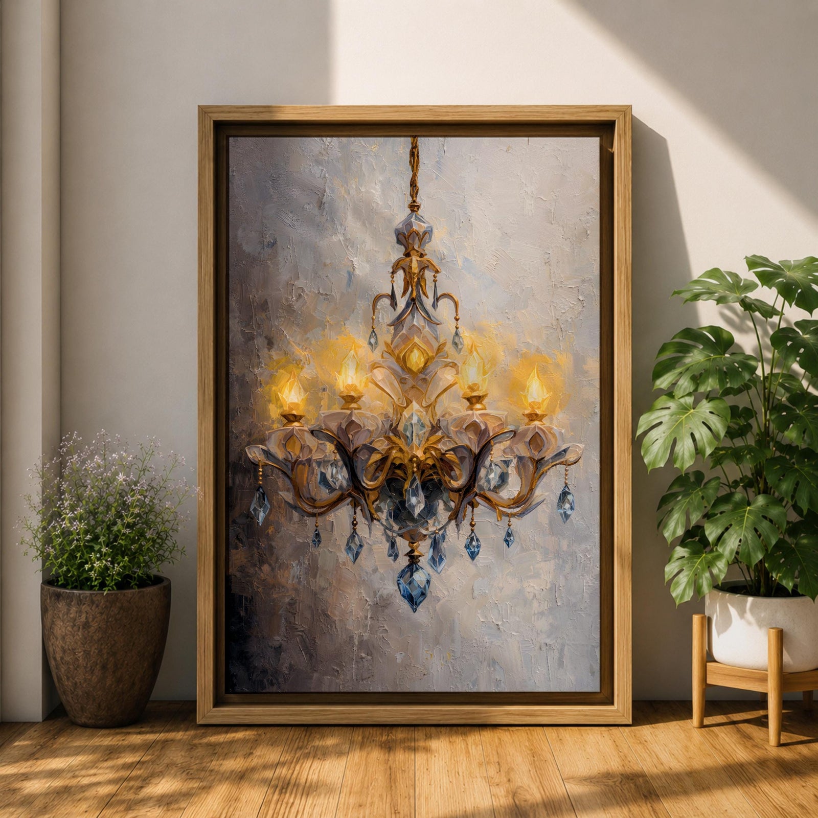 Chandelier Wall Art Crystal Lighting Framed Canvas Blue Gold Elegant Classic Luxury Wall Decor