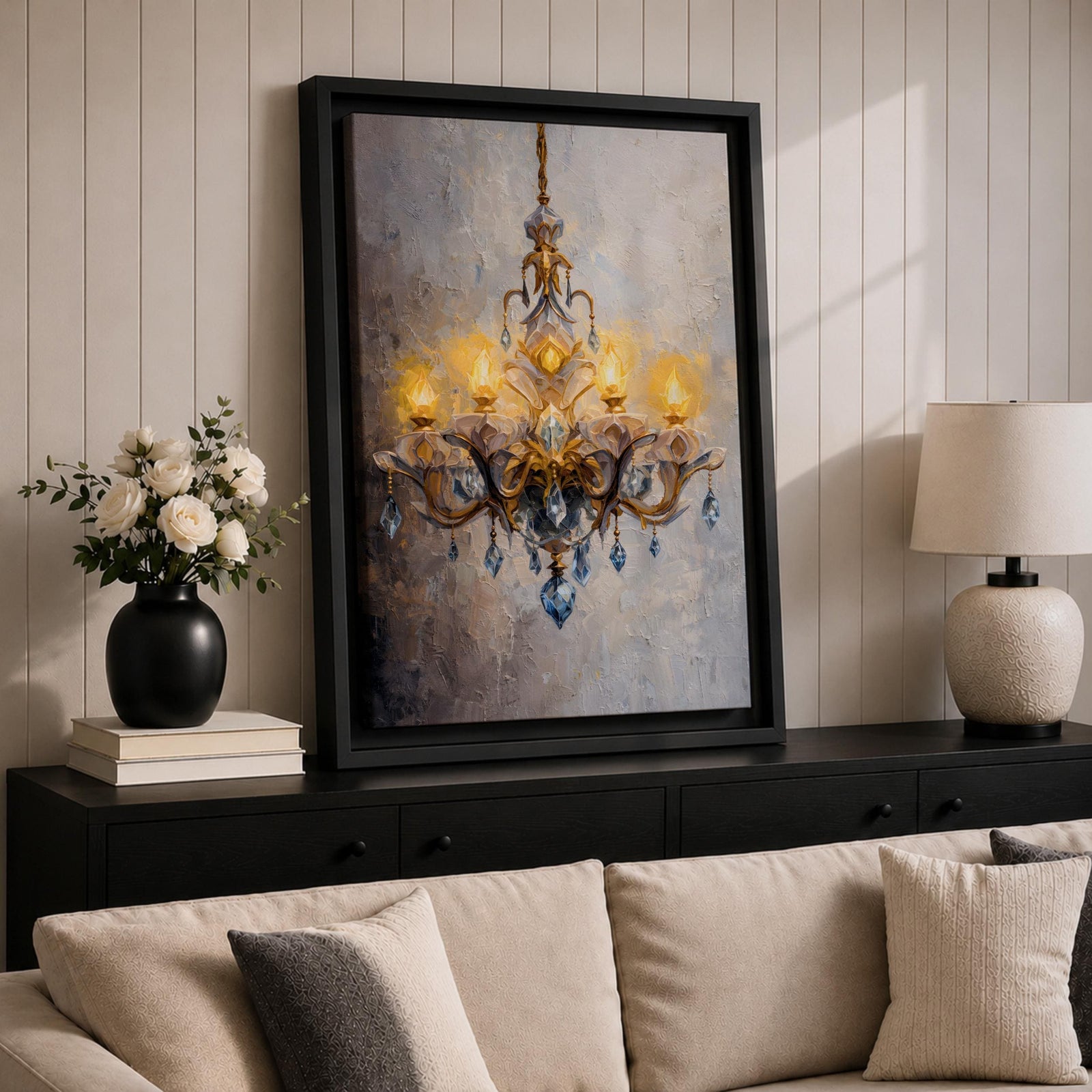 Chandelier Wall Art Crystal Lighting Framed Canvas Blue Gold Elegant Classic Luxury Wall Decor
