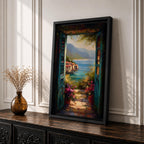 Mediterranean Coastal View Wall Art Open Door Seaside Framed Canvas Ocean Landscape Italian Decor