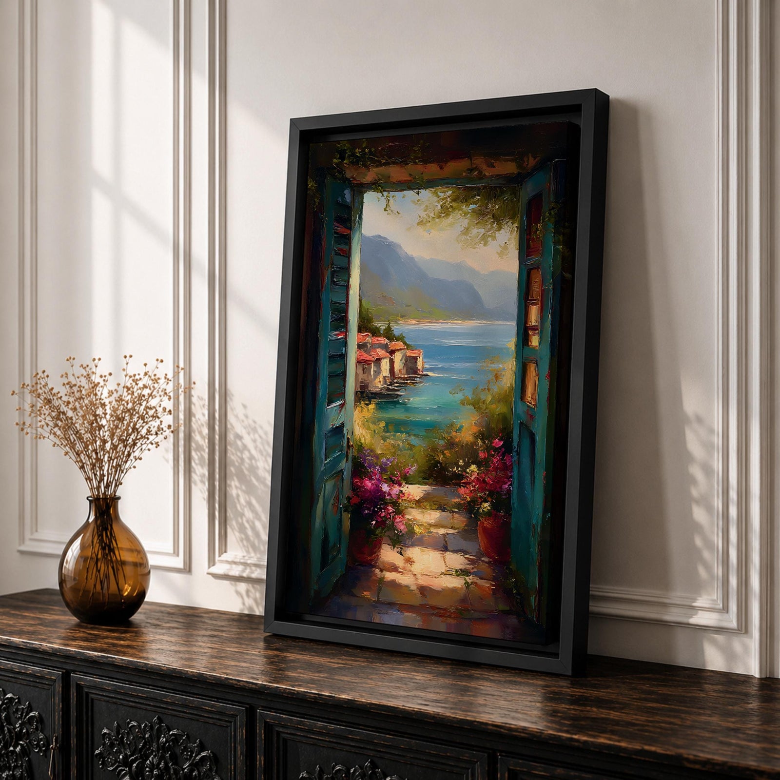Mediterranean Coastal View Wall Art Open Door Seaside Framed Canvas Ocean Landscape Italian Decor