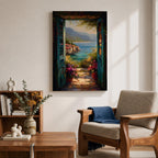 Mediterranean Coastal View Wall Art Open Door Seaside Framed Canvas Ocean Landscape Italian Decor