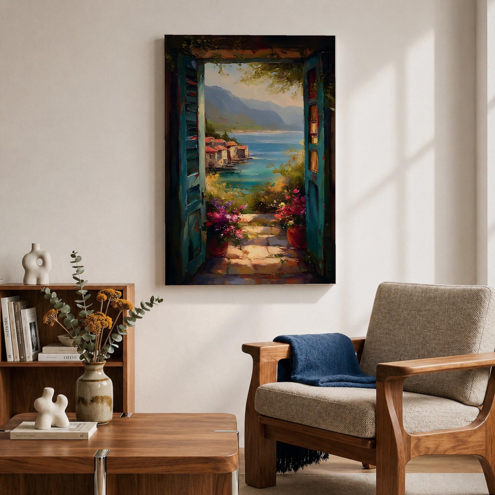 Mediterranean Coastal View Wall Art Open Door Seaside Framed Canvas Ocean Landscape Italian Decor