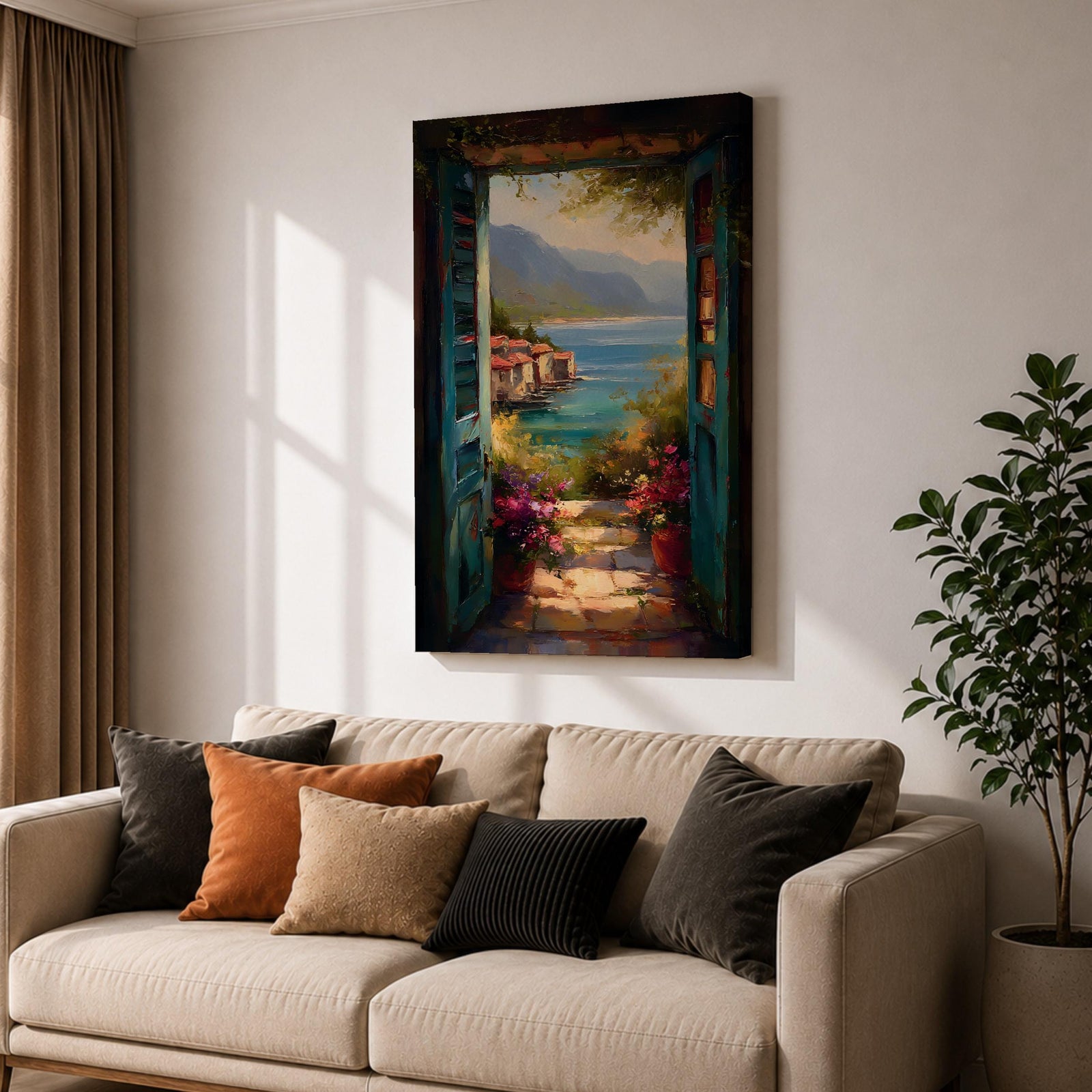 Mediterranean Coastal View Wall Art Open Door Seaside Framed Canvas Ocean Landscape Italian Decor