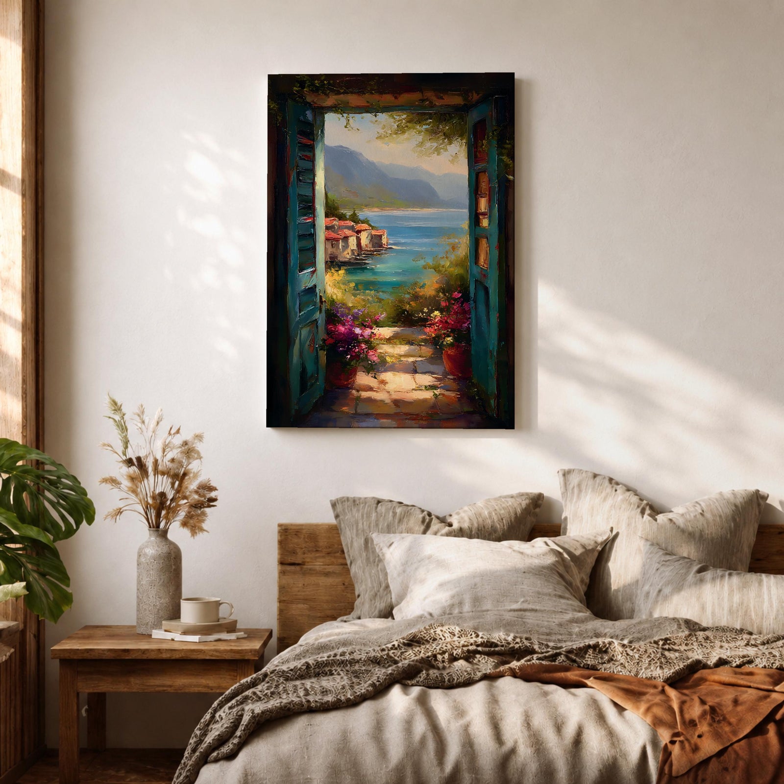 Mediterranean Coastal View Wall Art Open Door Seaside Framed Canvas Ocean Landscape Italian Decor