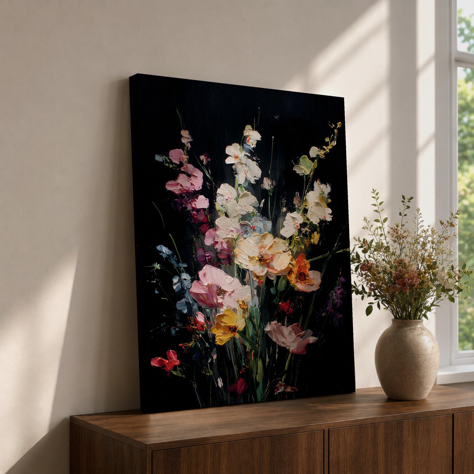 Floral Bouquet Wall Art Wildflower Botanical Framed Canvas Flower Arrangement Dark Black Moody Decor