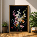 Floral Bouquet Wall Art Wildflower Botanical Framed Canvas Flower Arrangement Dark Black Moody Decor