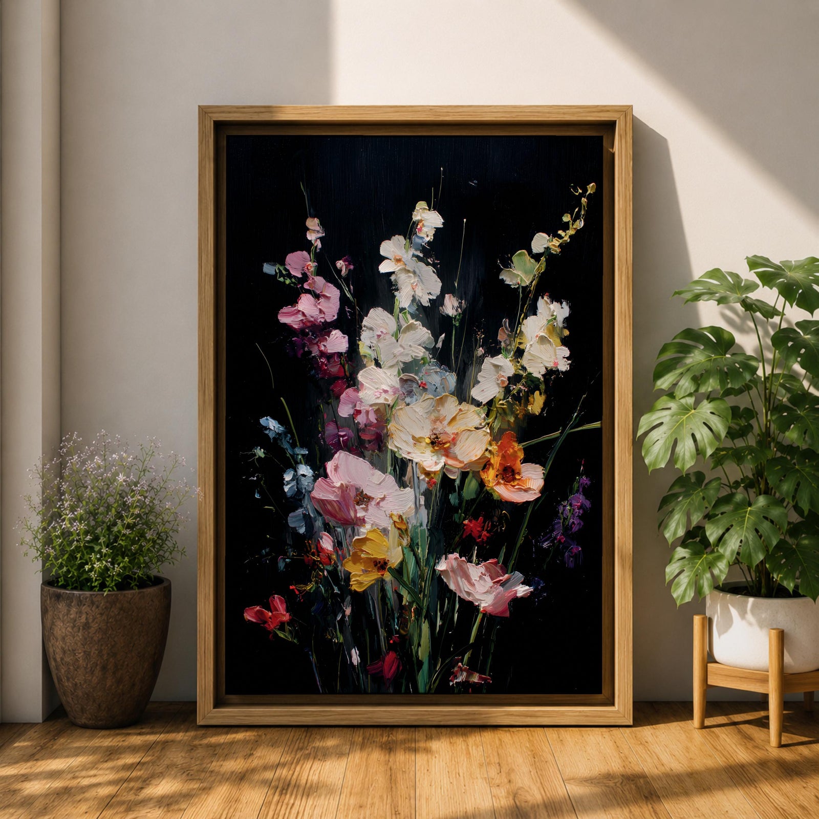 Floral Bouquet Wall Art Wildflower Botanical Framed Canvas Flower Arrangement Dark Black Moody Decor