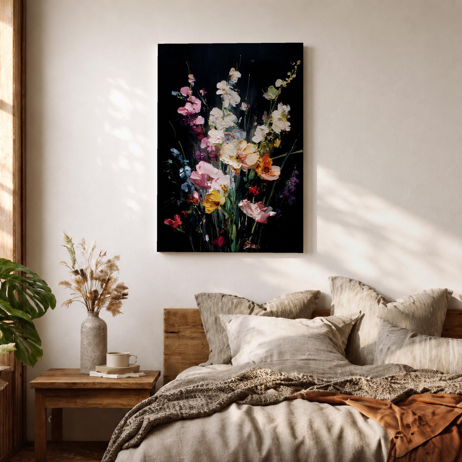 Floral Bouquet Wall Art Wildflower Botanical Framed Canvas Flower Arrangement Dark Black Moody Decor