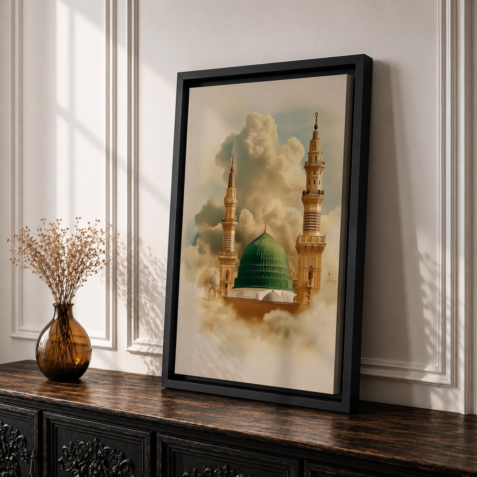 Masjid Nabawi Wall Art Medina Mosque Framed Canvas Green Dome Islamic Architecture Decor