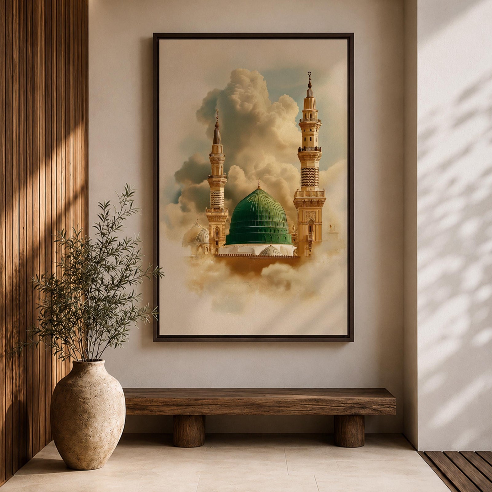 Masjid Nabawi Wall Art Medina Mosque Framed Canvas Green Dome Islamic Architecture Decor