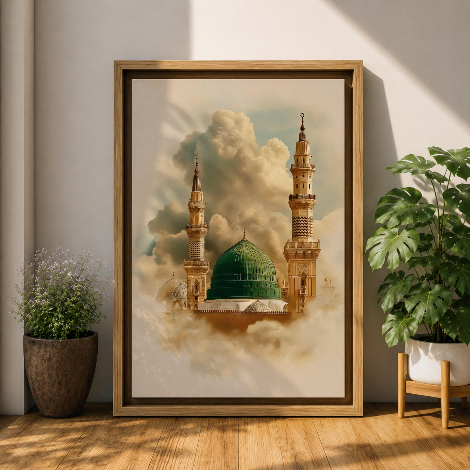 Masjid Nabawi Wall Art Medina Mosque Framed Canvas Green Dome Islamic Architecture Decor