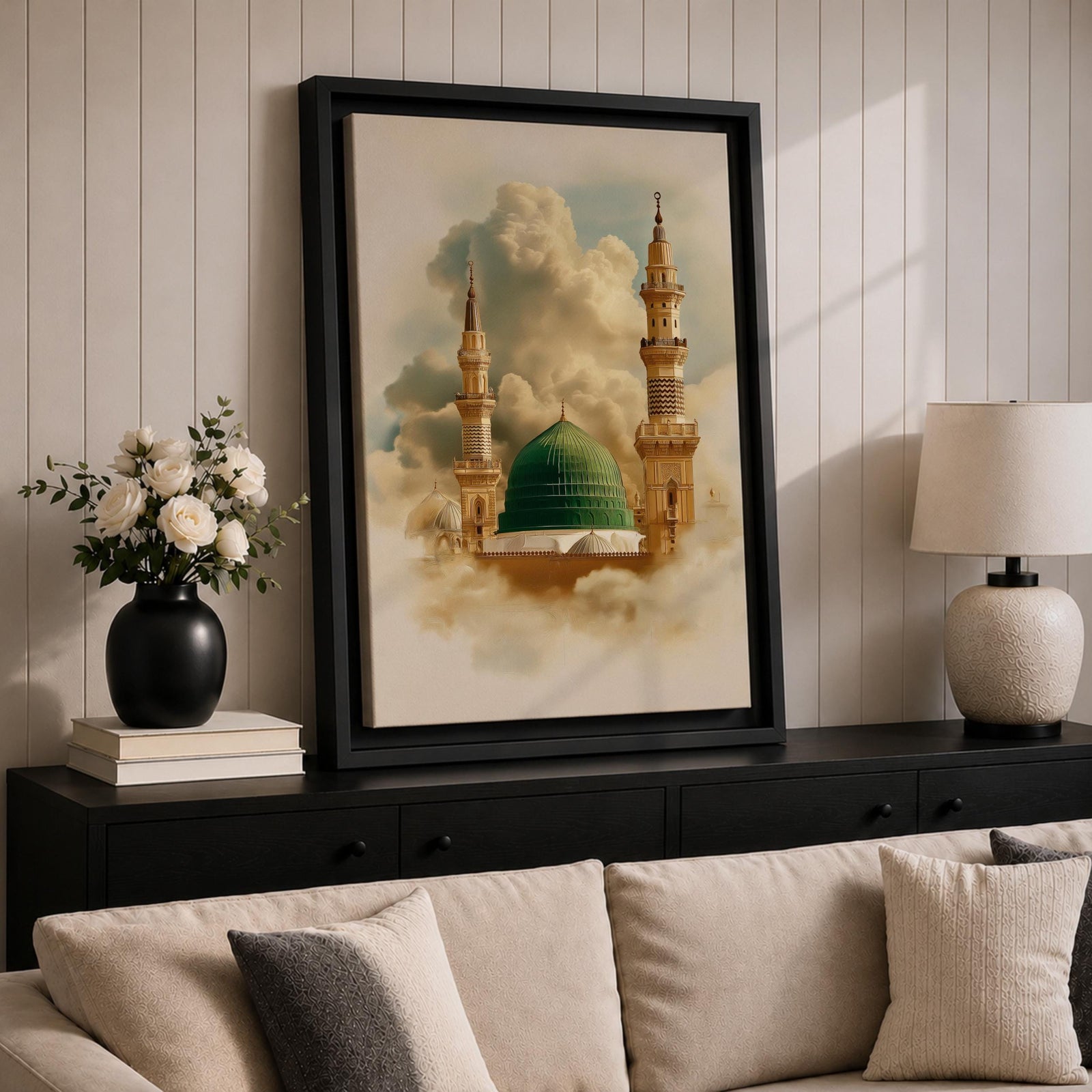 Masjid Nabawi Wall Art Medina Mosque Framed Canvas Green Dome Islamic Architecture Decor
