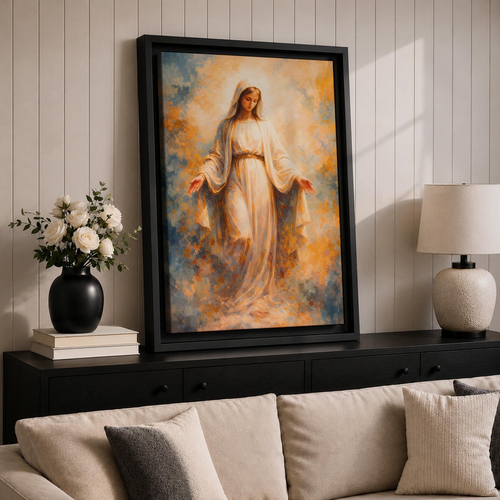 Virgin Mary Wall Art Blessed Mother Framed Canvas Heavenly Catholic Christian Spiritual Decor