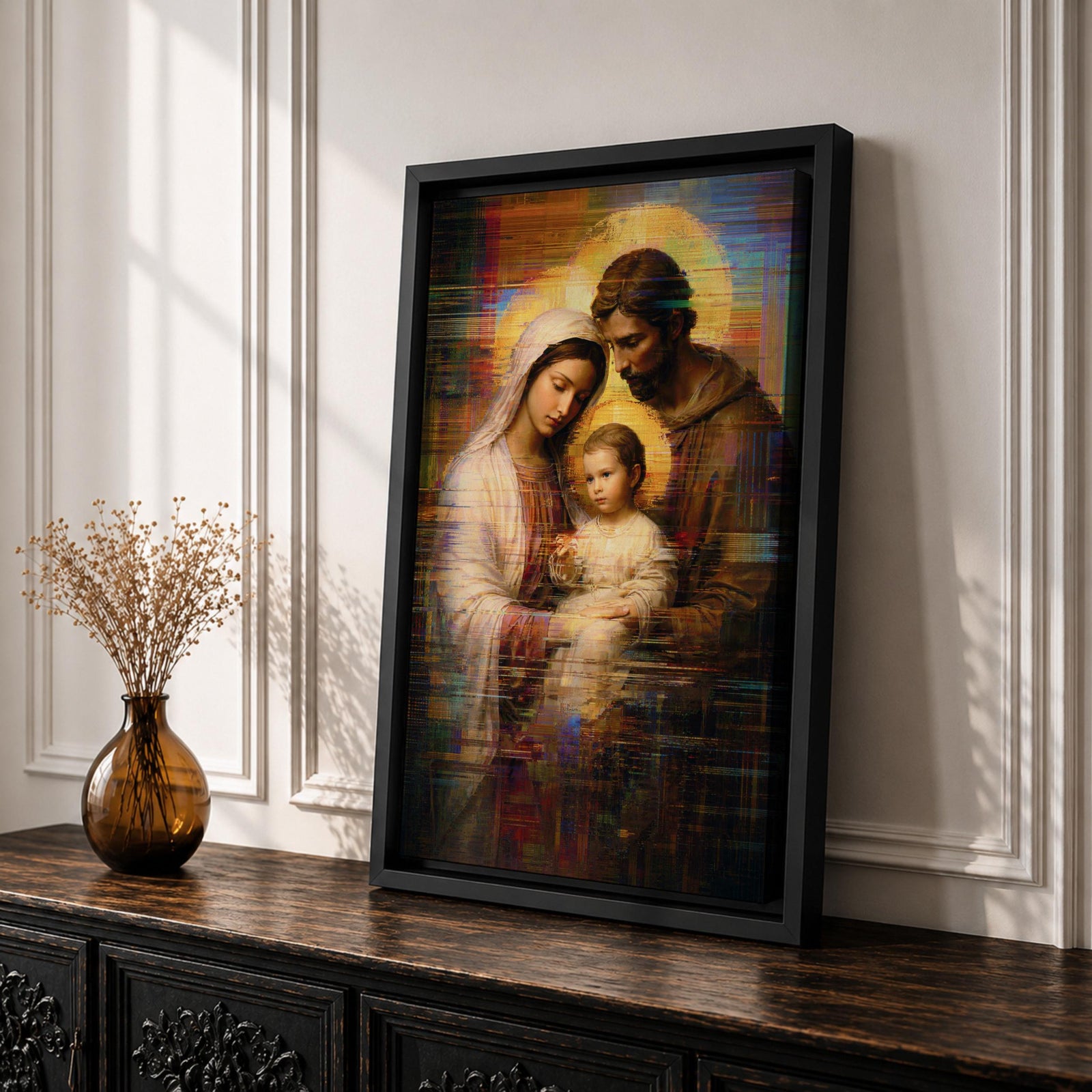 Holy Family Wall Art Mary Joseph Jesus Framed Canvas Glitch Abstract Christian Religious Decor