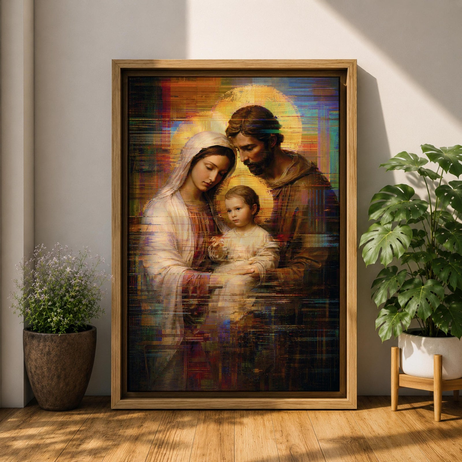 Holy Family Wall Art Mary Joseph Jesus Framed Canvas Glitch Abstract Christian Religious Decor