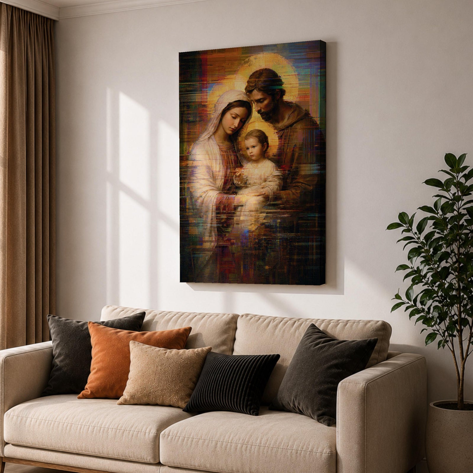 Holy Family Wall Art Mary Joseph Jesus Framed Canvas Glitch Abstract Christian Religious Decor